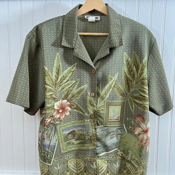 Vintage Nina St Claire Tropical Hawaiian Print Button Down Blouse M Green Womens - Picture 1 of 10